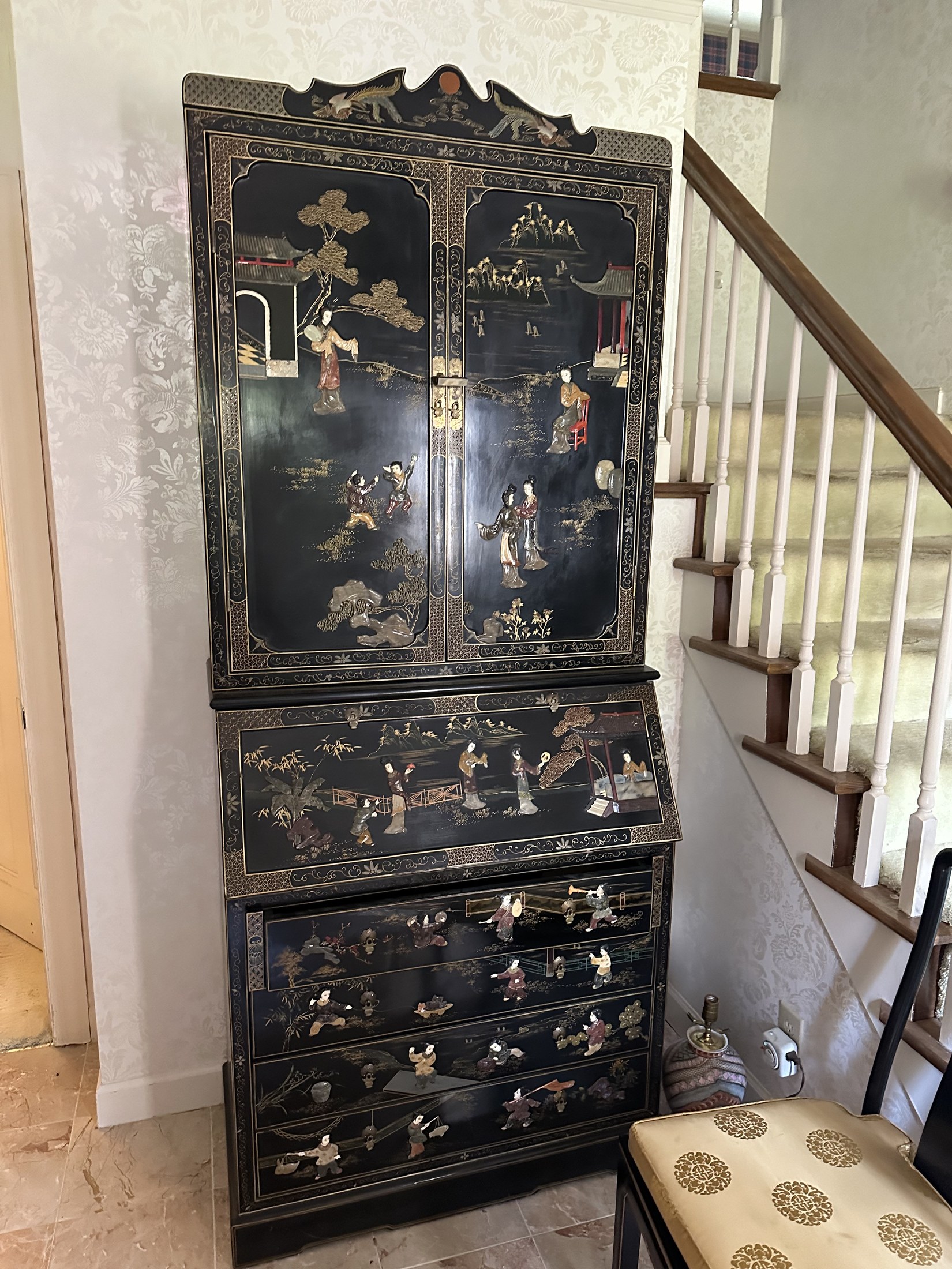 Vintage Asian-style black lacquer chinoiserie secretary cabinet with decorative figures