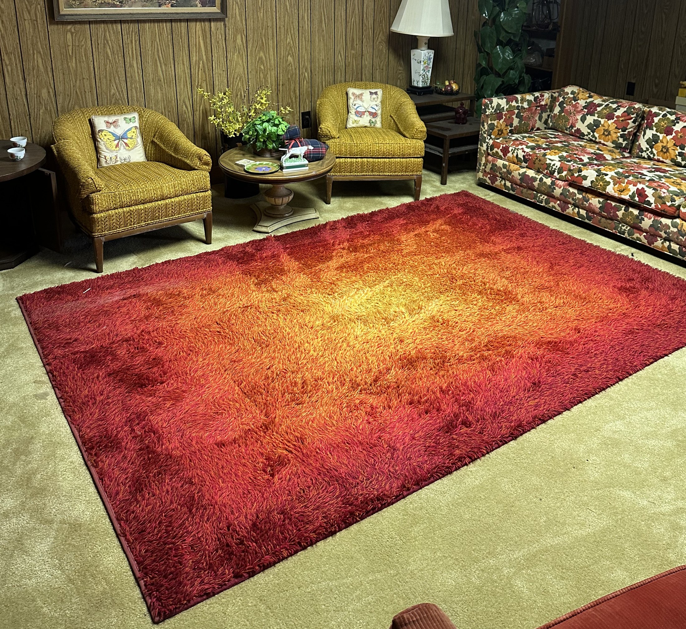 Vintage Karastan Malaren Scantic Radiance red orange Scandinavian sunburst shag area rug