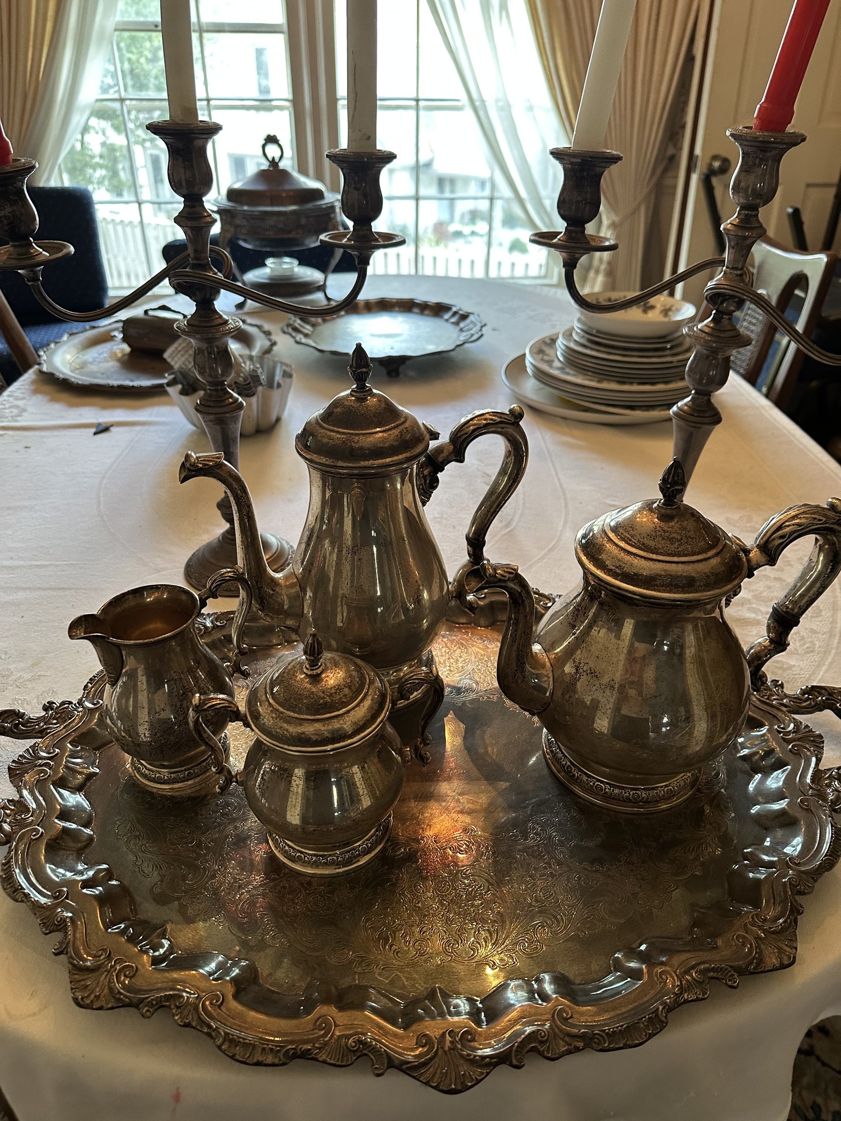 Vintage International Silver Company Prelude sterling tea and coffee service displayed with a tray
