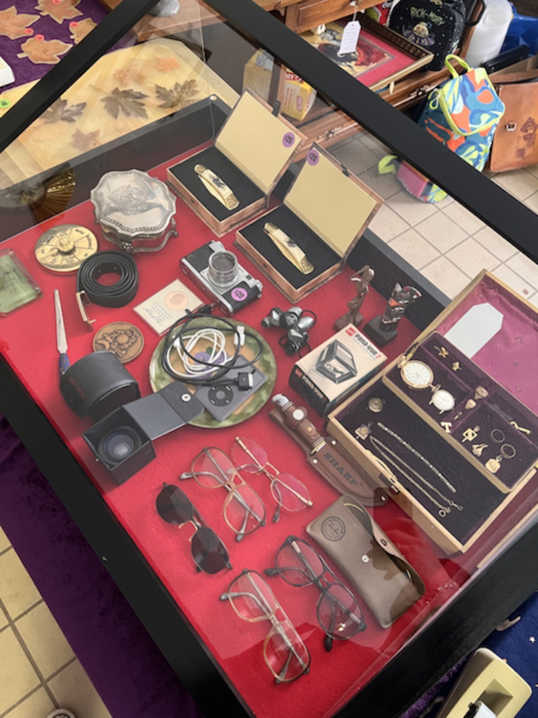 Jewelry and small collectibles arranged in a secure display case