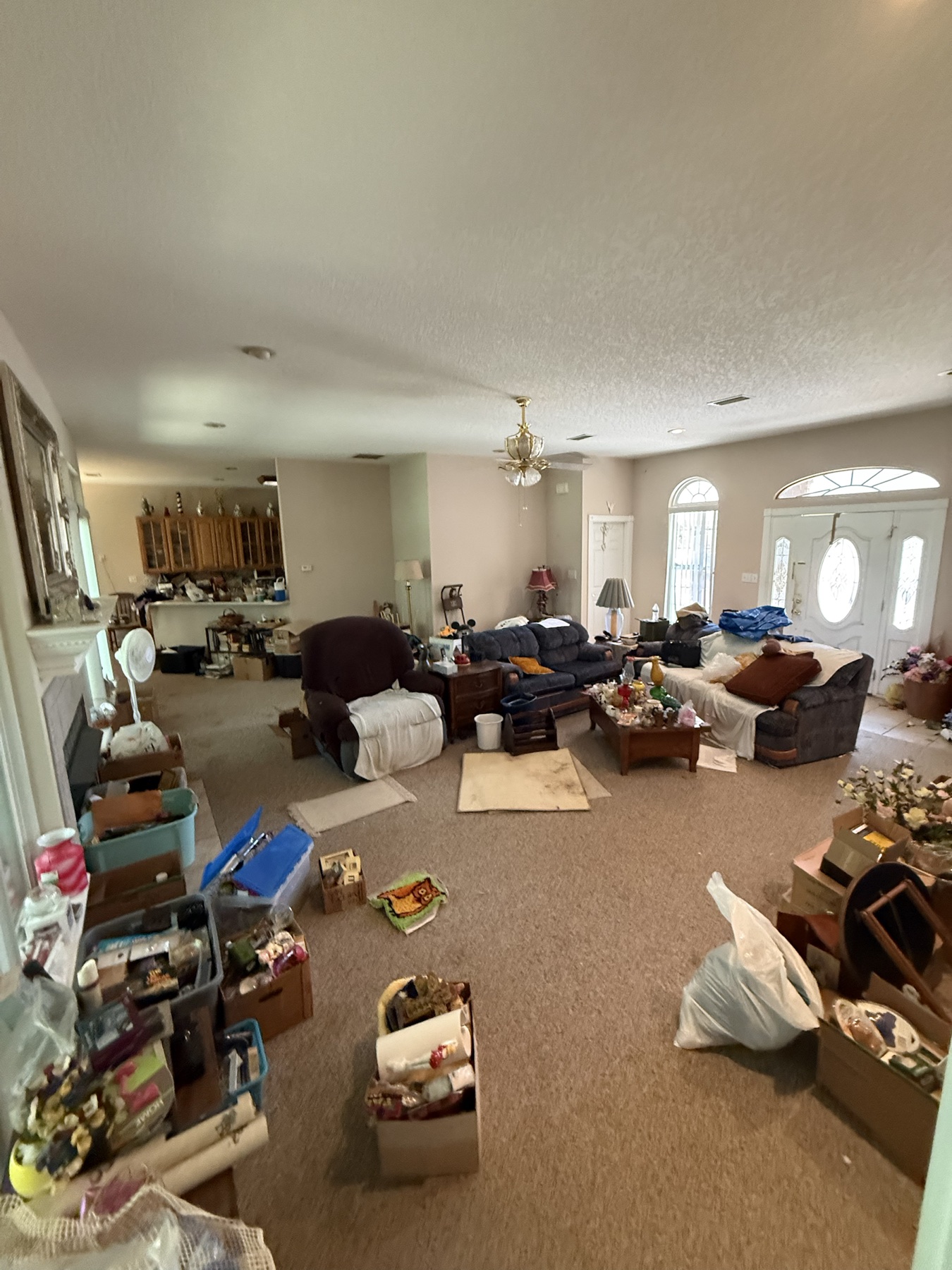 Wide view of the main living room and its collected furnishings