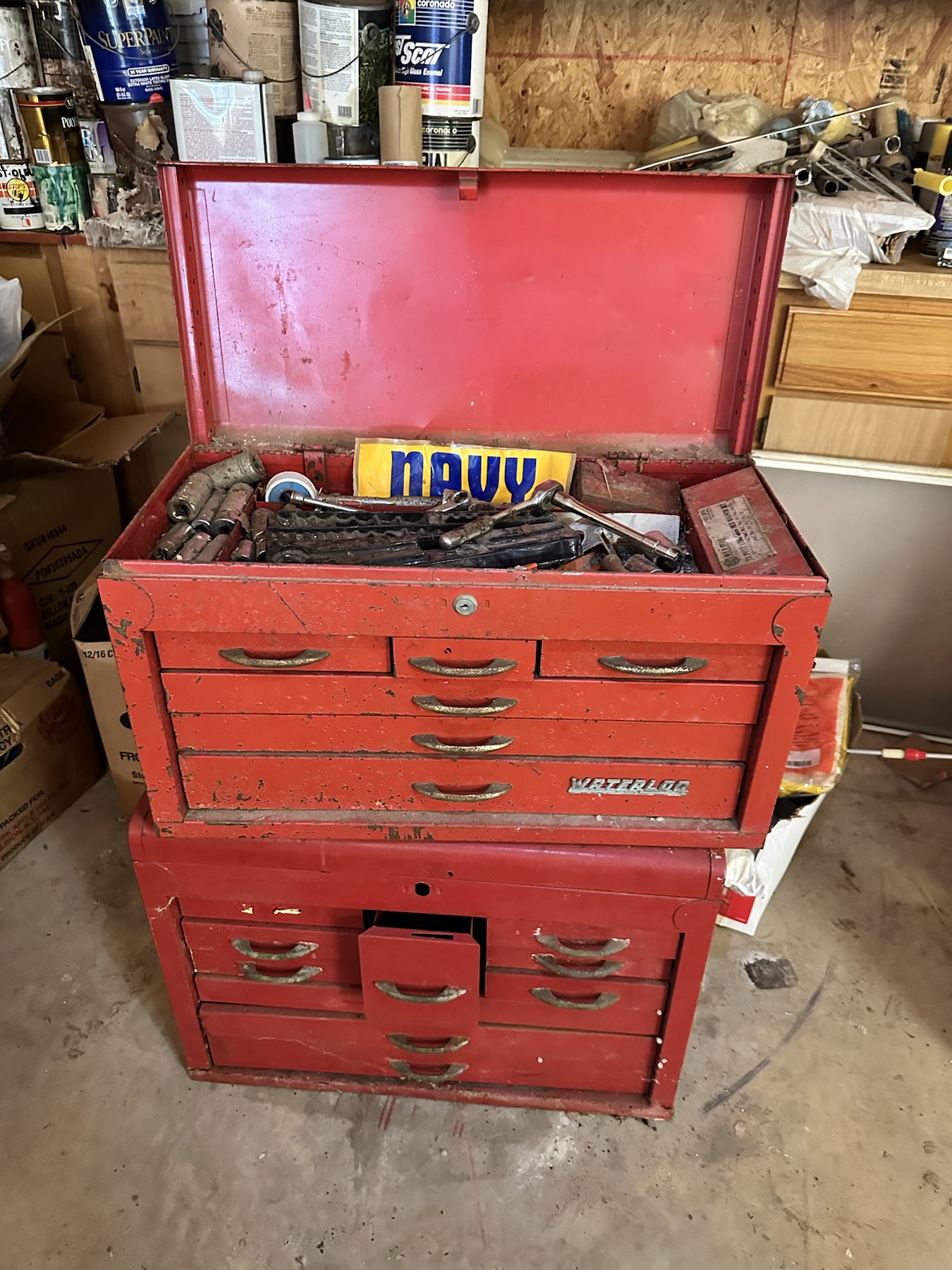 Vintage red workshop tool chest at the Tignall estate sale